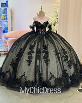 Girls Black Quinceanera Dresses for Sale Off the Shoulder Lace Applique Mychicdress
